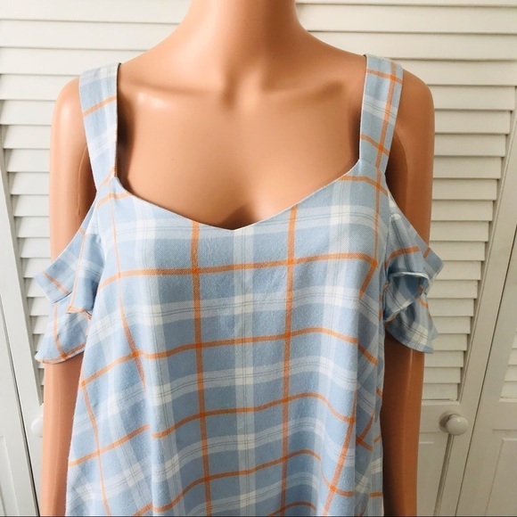 SANCTUARY Blue Orange Plaid Off The Shoulder Shirt Size Large - Picture 2 of 7